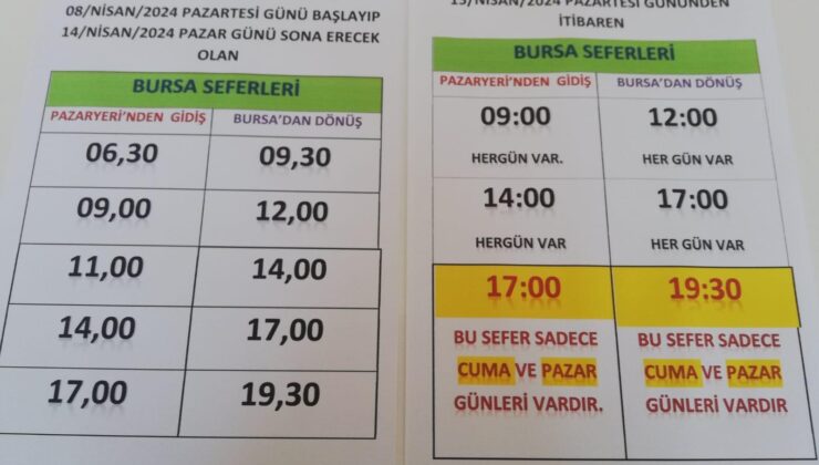 Pazaryeri Bursa Otobüs saatlerine bayram güncellemesi